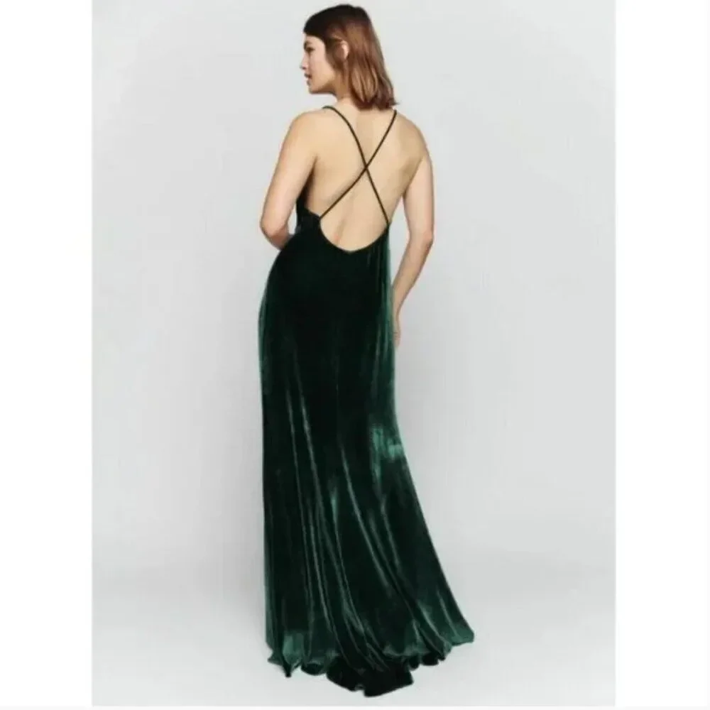 Reformation Rimini Velvet Dress Forest Dark Green Gown Maxi - Picture 2 of 10